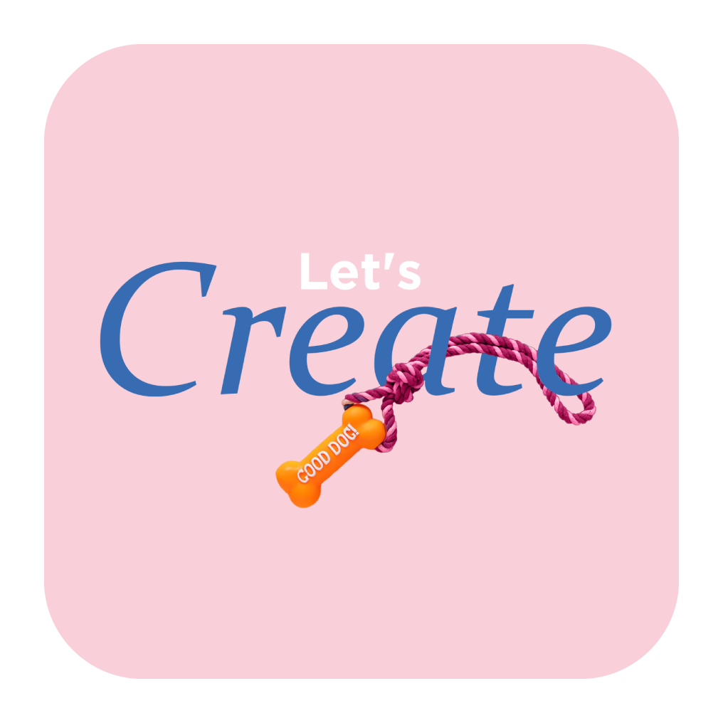 Creative design with blue 'Let's Create' text and colorful decorative elements on pink background.