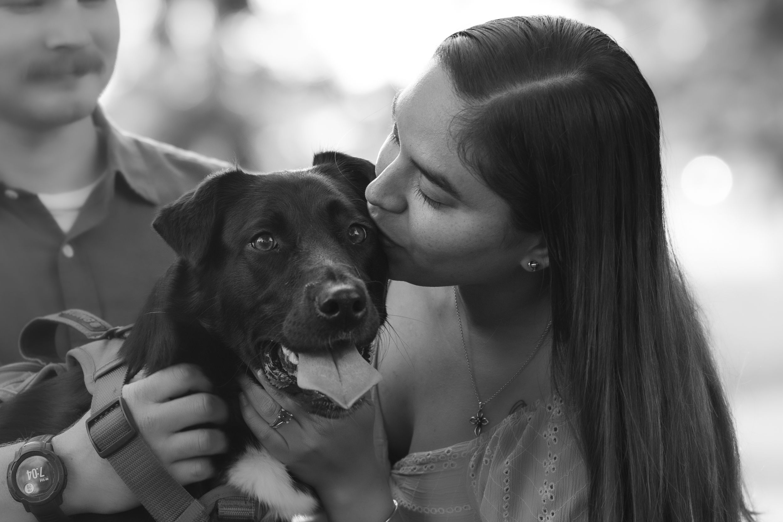 Black and white photo of a happy dog receiving affection outdoors.