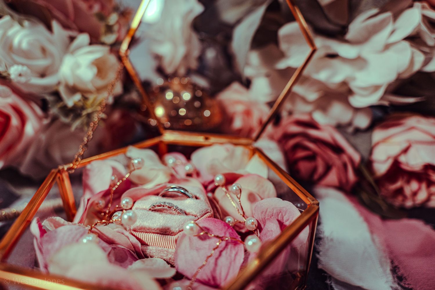 Pink and red dried roses arranged in geometric copper frames with a dreamy, romantic aesthetic.