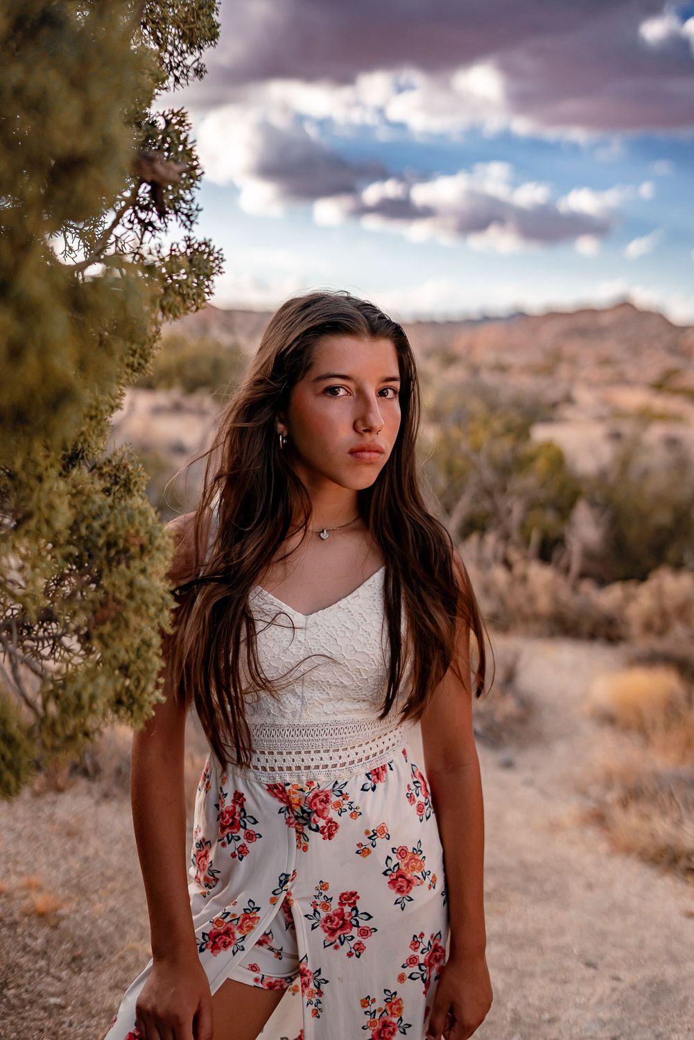 Young girl in floral dress posing in Joshua Tree desert with dramatic cloudy sky
