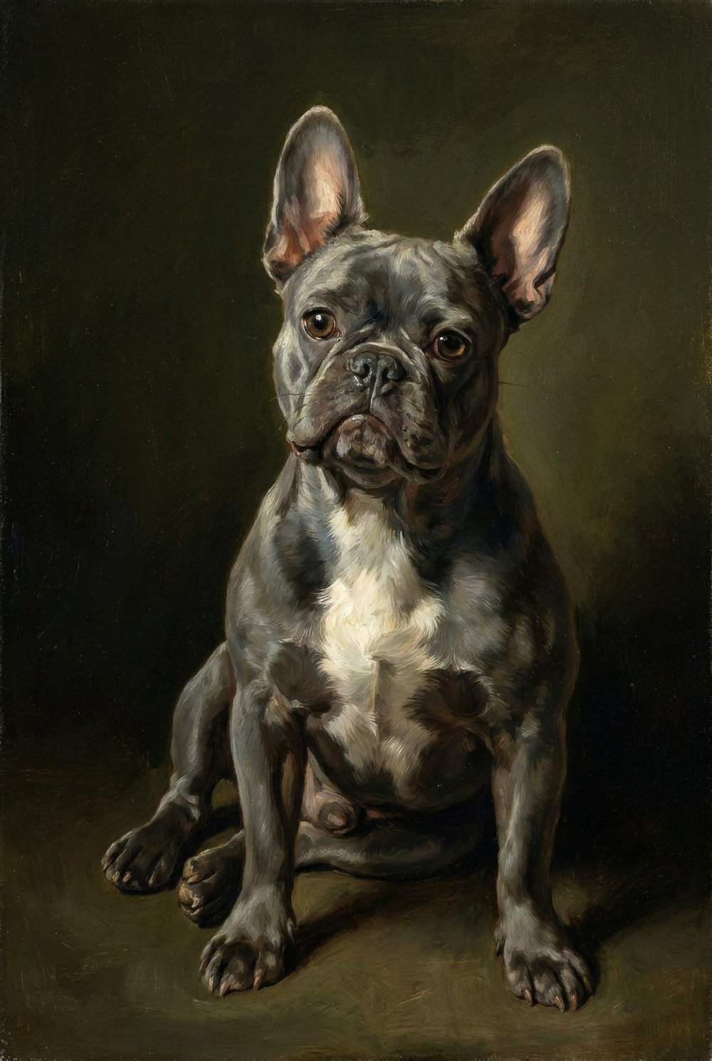 Oil painting portrait of a blue brindle French Bulldog sitting upright against a dark background.