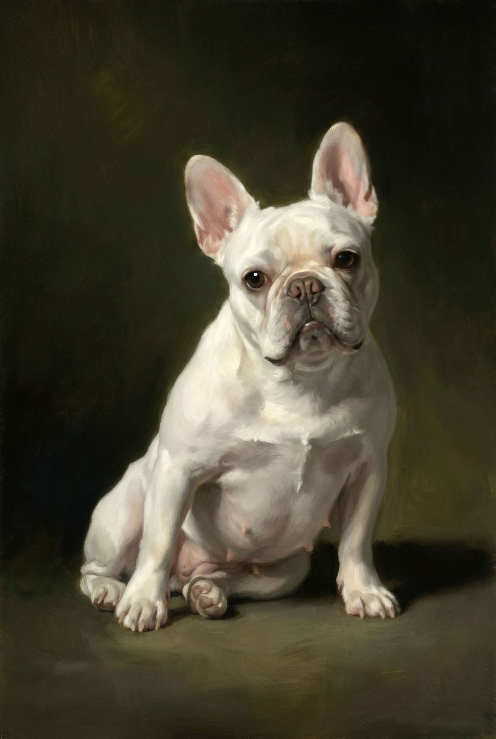 Oil painting portrait of a white French Bulldog sitting elegantly against a dark green background.