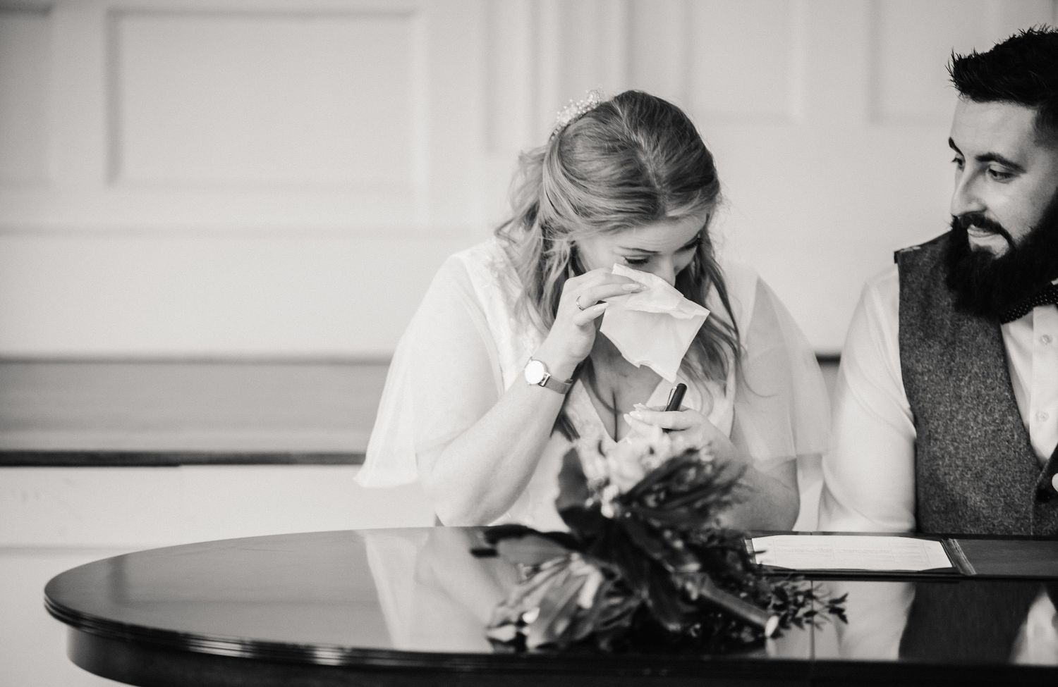 Emotional bride at Poole Guildhall Documentary candid  Wedding Photographer, Dorset Somerset, Devon