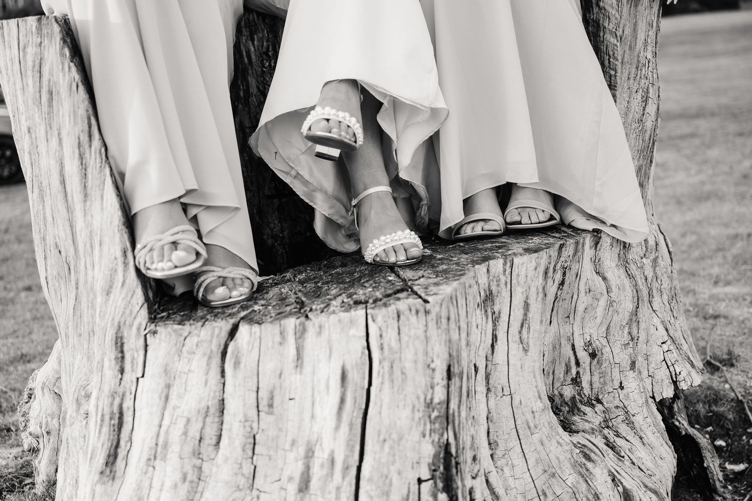 Black and white photo of bridesmaids standing on a tree stump, showing elegant sandals and flowing dresses.