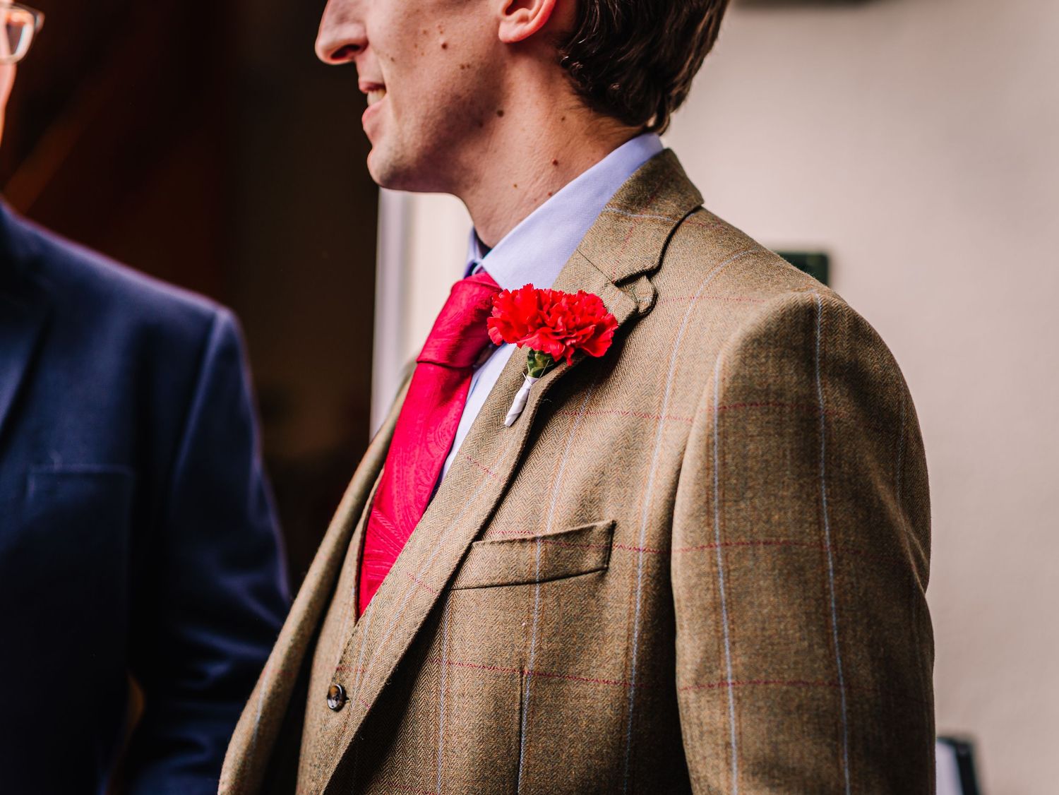 Groom in red tie at wimborne registry office. Documentary candid  Wedding Photographer, Dorset Somerset, Devon