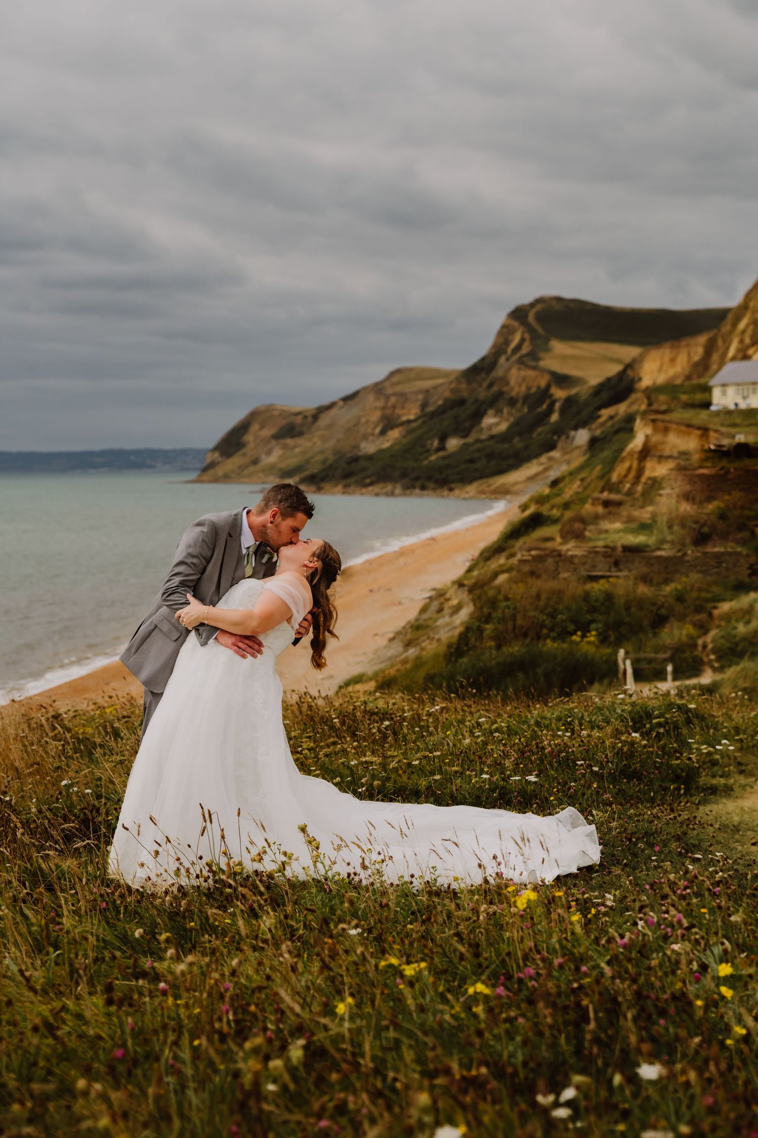 Wedding photo, Bride and Groom at Eype near Bridport Dorset. Bridport Wedding. Bull Hotel wedding. Dorset wedding photographer