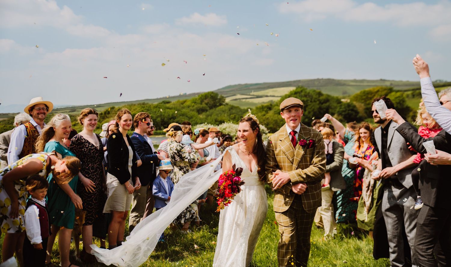 Bright and colourful wedding photography. Outdoor wedding venue near Abbotsbury, Bridport, Weymouth, Dorchester, Dorset