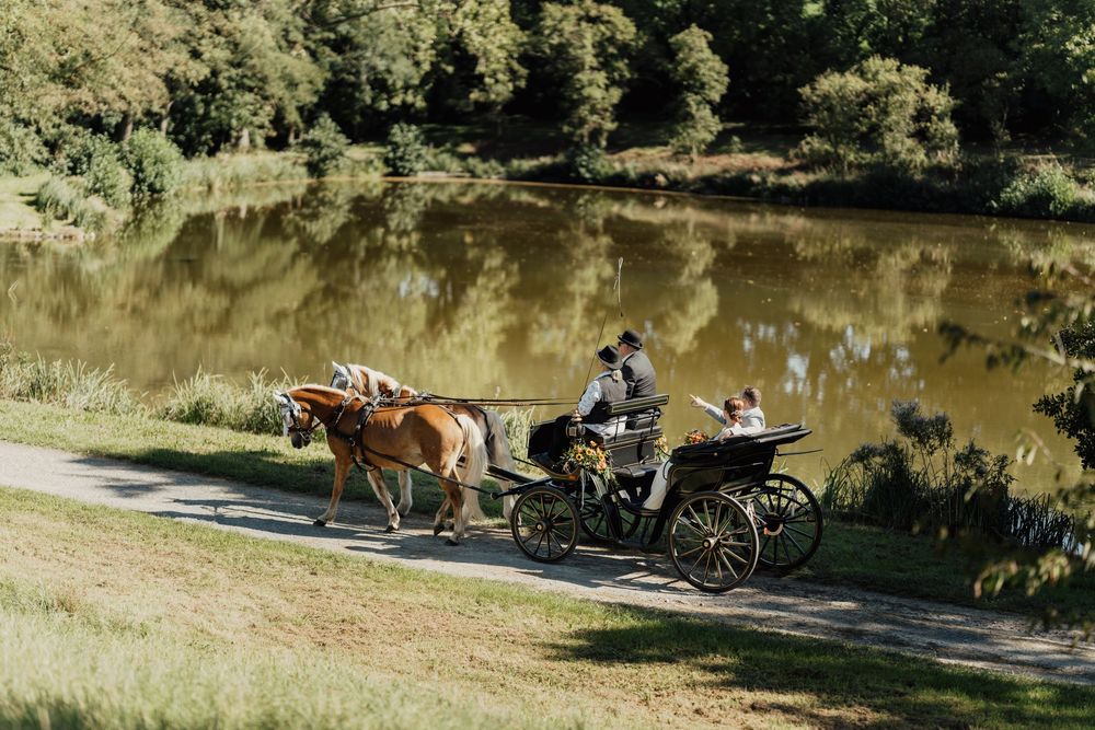 Hochzeitspaar fährt auf einer romantisch geschmückten Pferdekutsche – zeitlose Hochzeitsfotografie in Karlsruhe im Vintage-Stil.