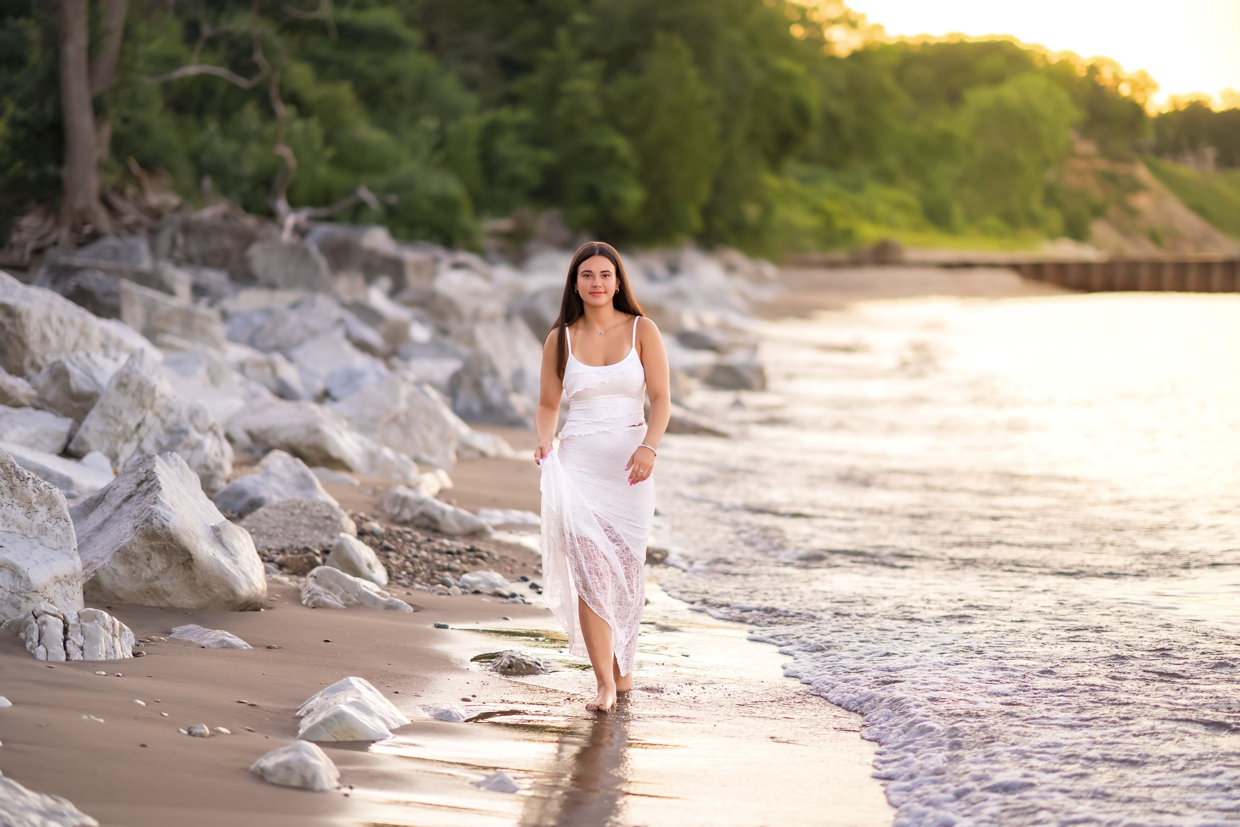 A serene coastal scene at sunset with waves gently lapping against a rocky shore as golden light filters through trees.