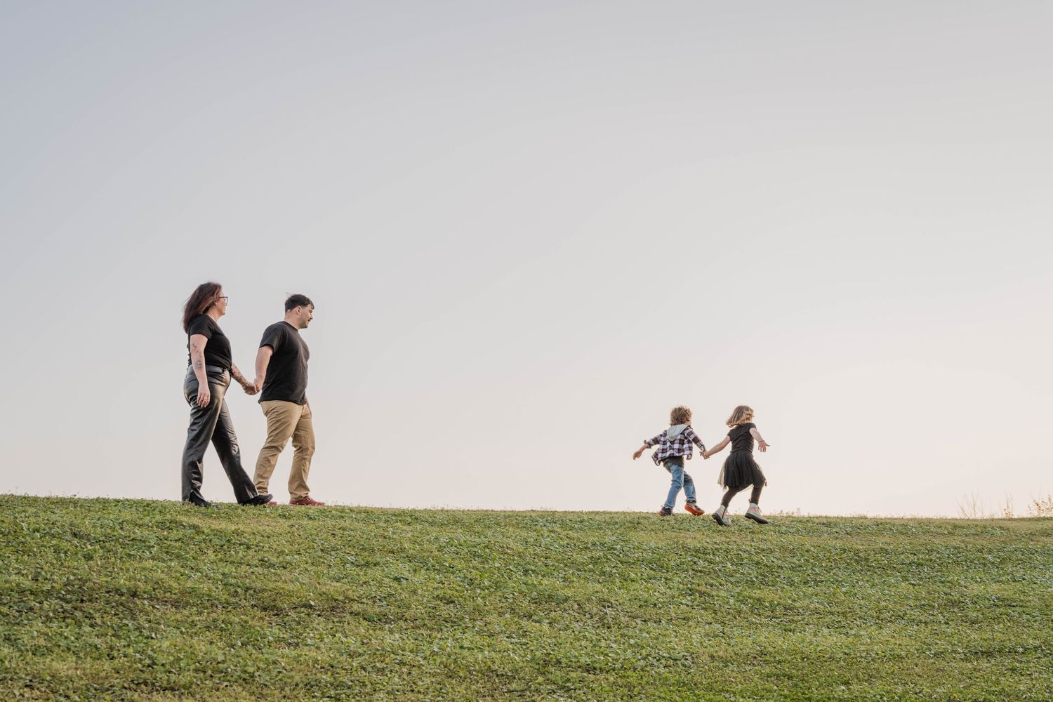 Silhouettes of people walking along a grassy hilltop against a bright sky.