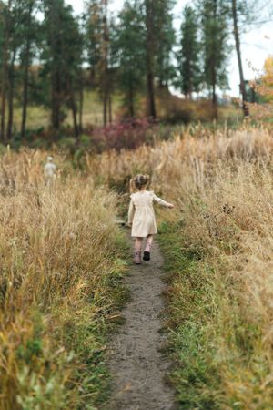 A small child in a dress walks along a winding dirt path through tall grass and evergreen trees in autumn.