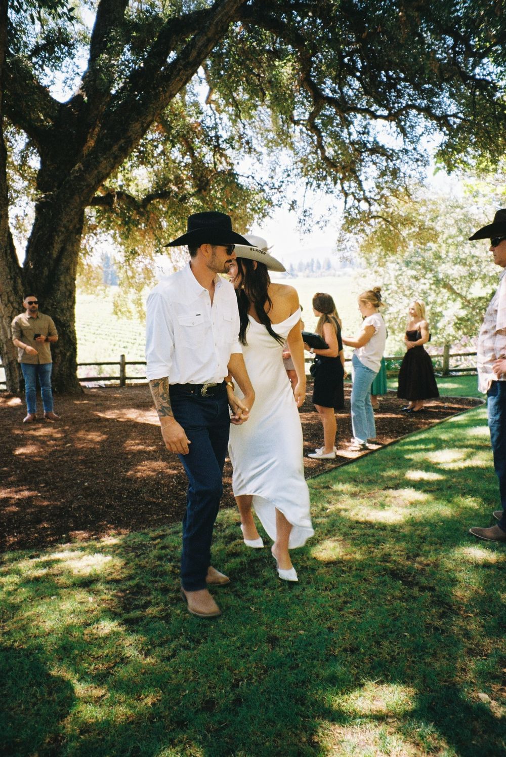 People gathered under shady trees at an outdoor event, creating a relaxed summer atmosphere.