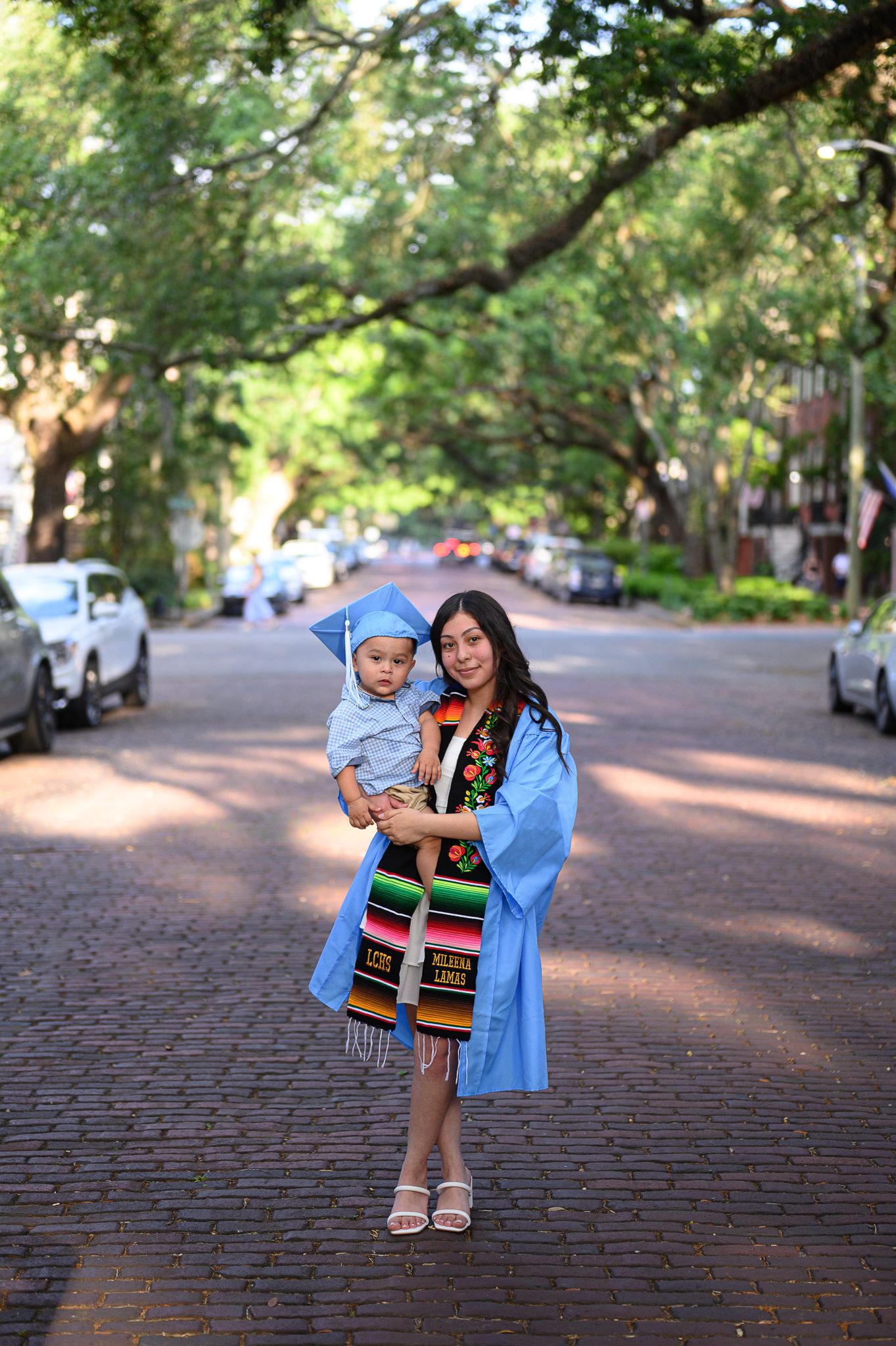 A charming tree-lined cobblestone street with parked cars and dappled sunlight creating a peaceful urban scene.