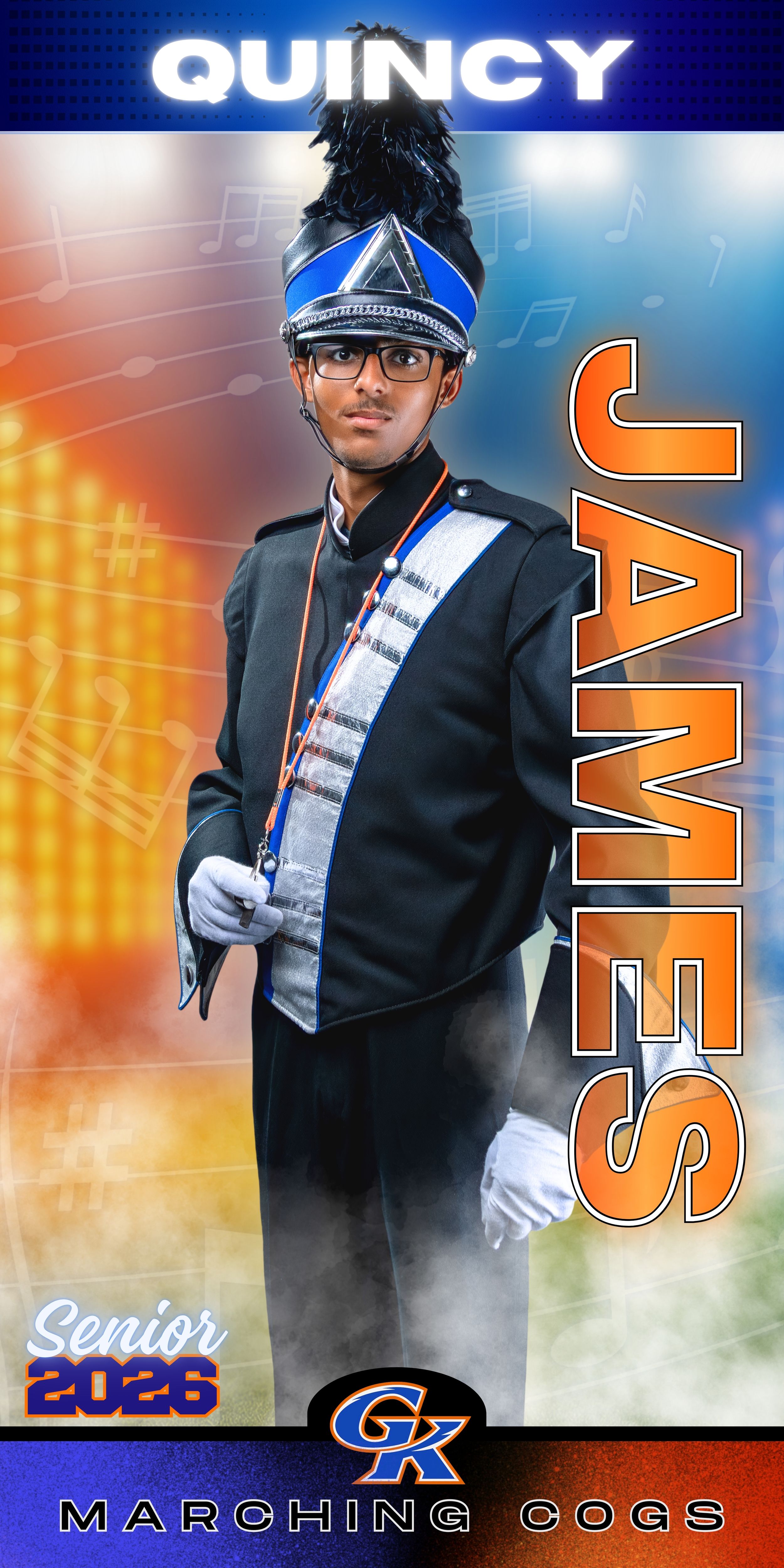 High school senior marching band member poses in uniform against colorful gradient background with text overlay.