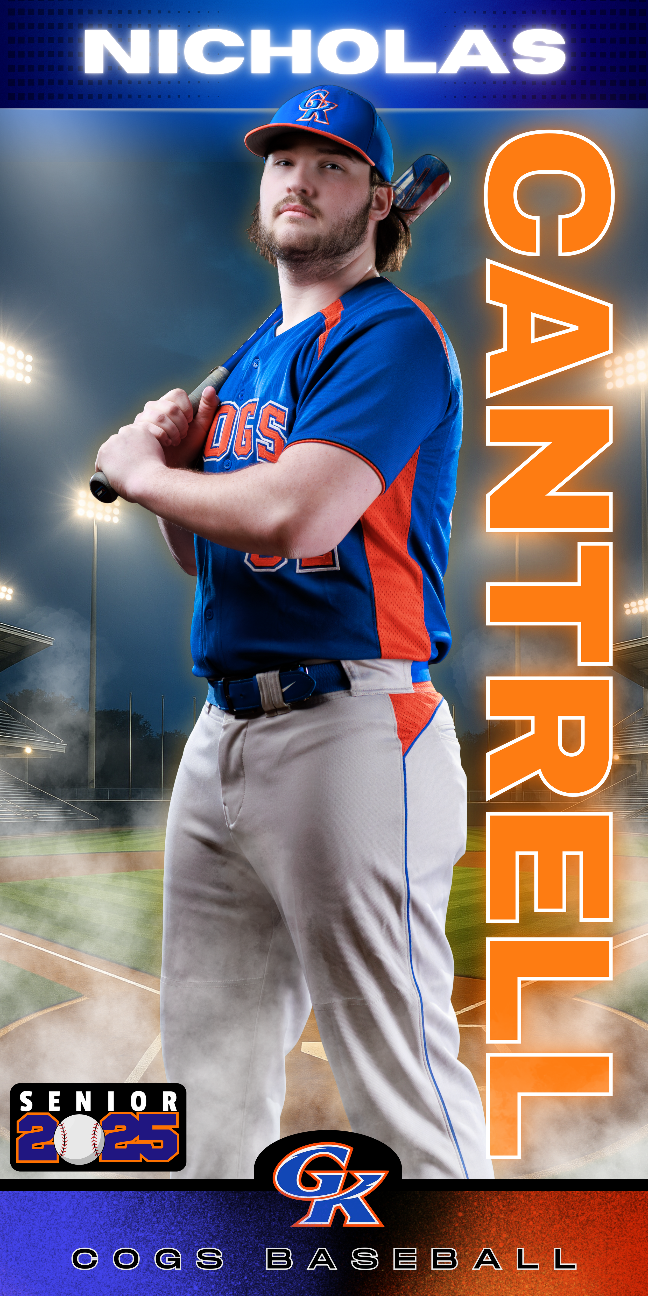 Baseball player in blue and white uniform shown in dynamic batting poses for senior photo collage.