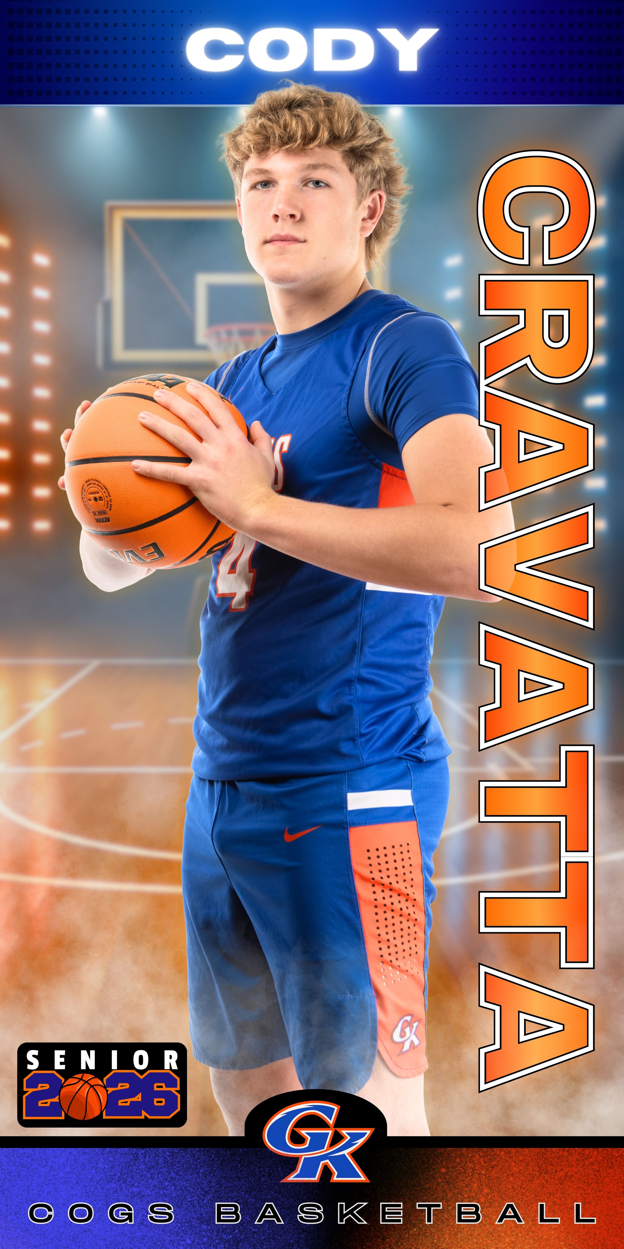 Basketball player in blue uniform holds ball against vibrant blue background in senior sports photo shoot.