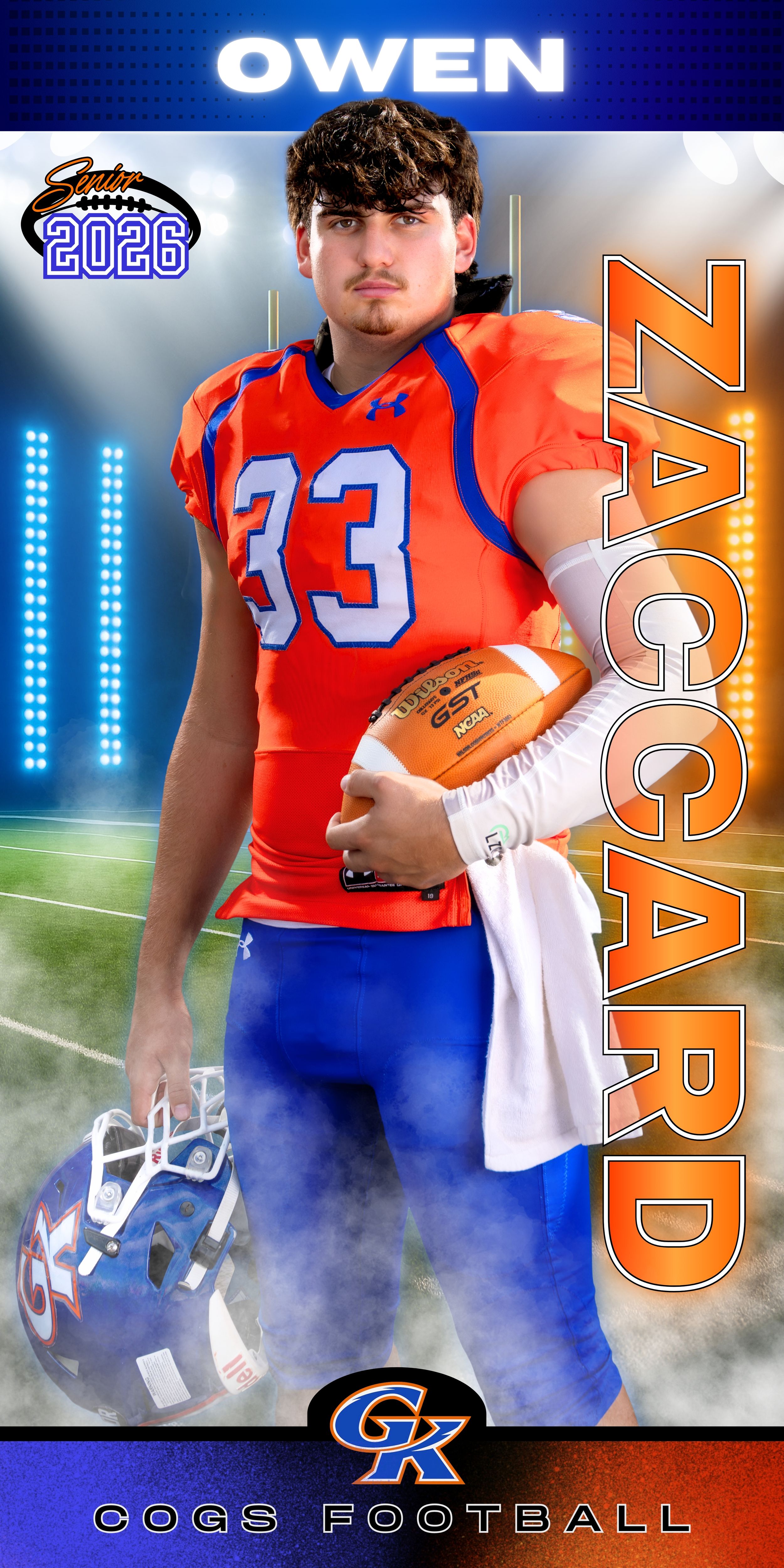 High school football player poses in orange and blue uniform with dramatic lighting and smoke effects in sports photography collage.