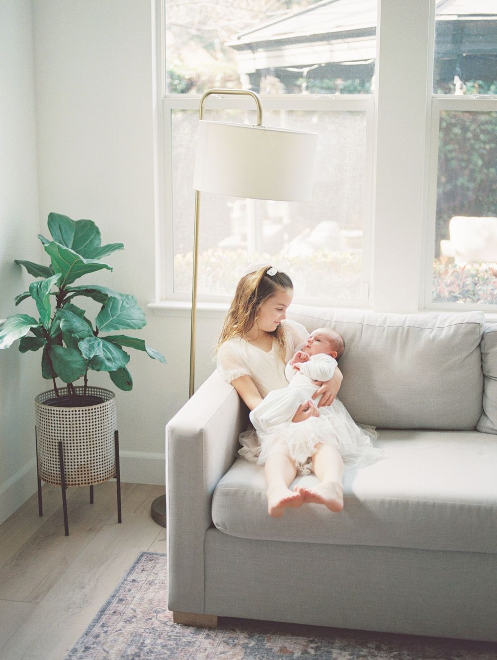 A bright sunlit room features a modern gray couch, indoor plants, and a relaxing atmosphere.