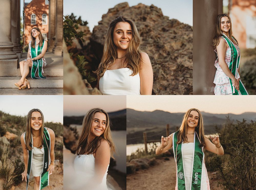 Woman in white dress and green sash poses at sunset in desert landscape with rock formations and mountains.