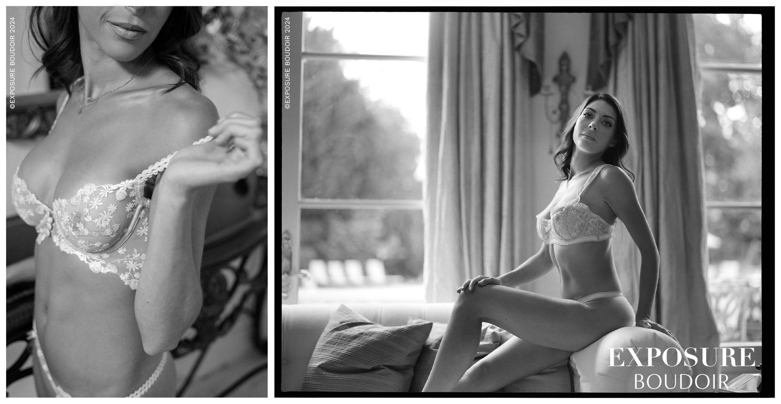 Two black and white boudoir photos show elegant feminine poses in lingerie against soft window light.