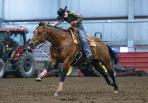 Action sequence of rodeo barrel racing competition showing horse and rider making tight turns around barrels in arena.