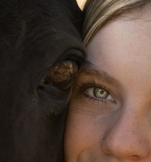 Close-up photo of a person's green eye with dark lashes against a shadowy background.