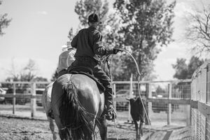Black and white photo of a rider on horseback in a ranch arena, practicing cattle cutting with a cow nearby.
