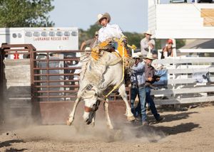 A cowboy rides a bucking horse at a rodeo competition, with spectators and handlers visible in the dusty arena.