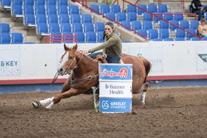 Barrel racer on chestnut horse rounding a barrel at an indoor rodeo arena during a competitive barrel racing event.