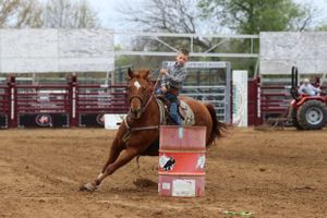 Horse and rider competing in barrel racing at a rodeo arena.