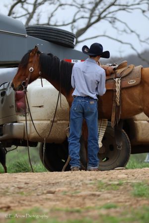 Cowboy in denim and white shirt preparing horse gear near pickup truck.