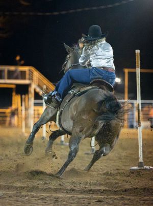 Rodeo rider competing in a barrel racing event at night on a dark gray horse kicking up dust in an arena.