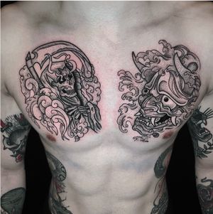 Full chest piece, Traditional style with dotwork shading.