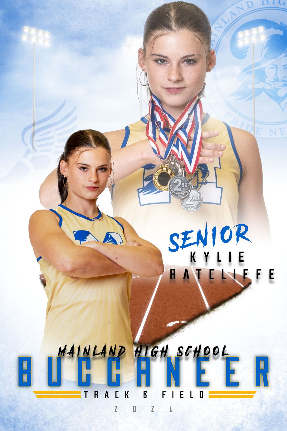 High school senior athlete portrait with medals against blue background for track and field.