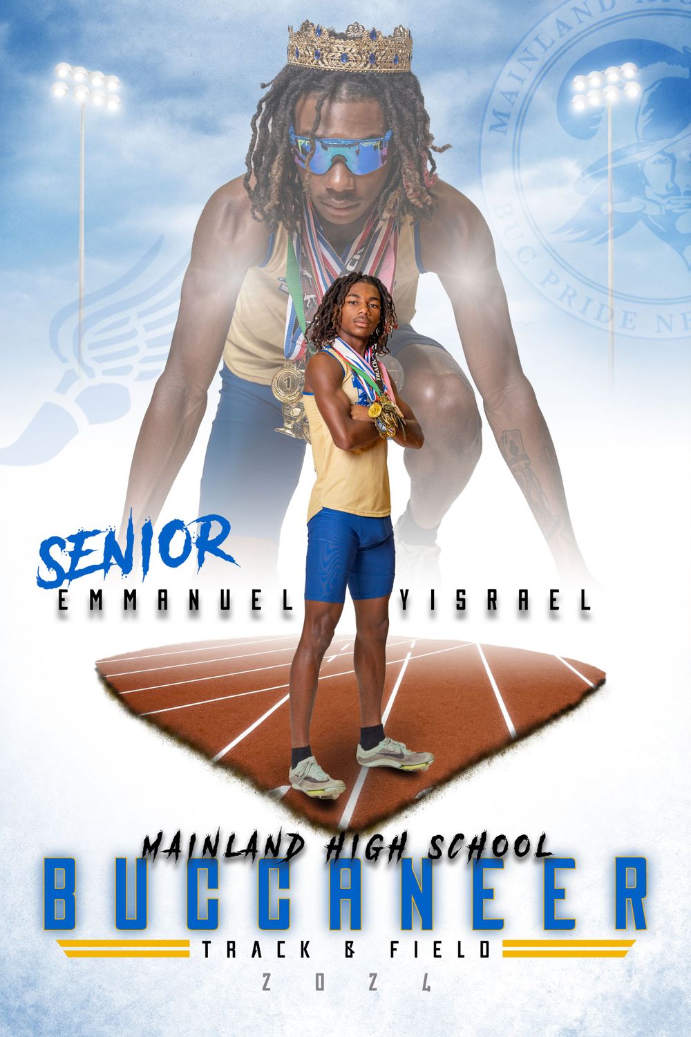Athletic senior portrait composite showing track athlete with crown effect against sky background.