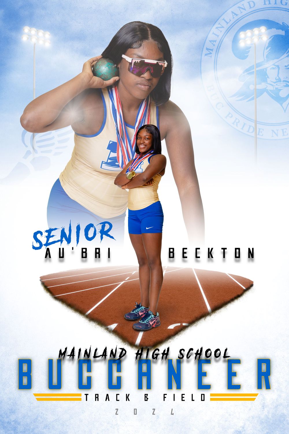 Senior athlete in gold and blue uniform poses on track field with a dynamic double exposure effect in sports portrait.