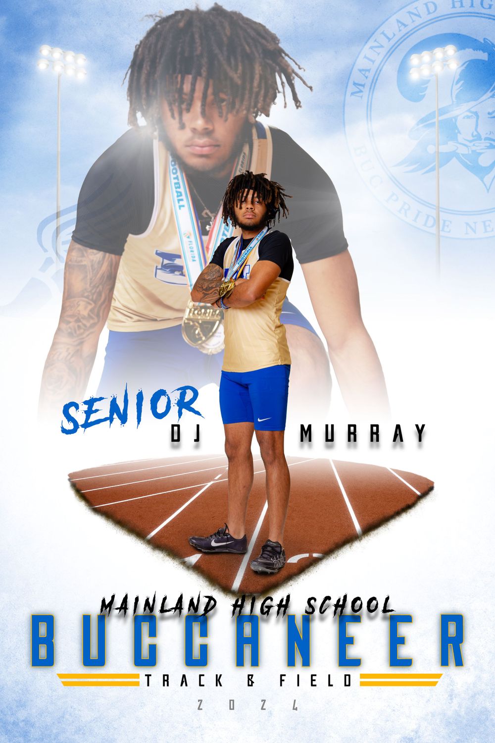 High school track athlete poses against track background in gold and blue uniform with layered photo effect.