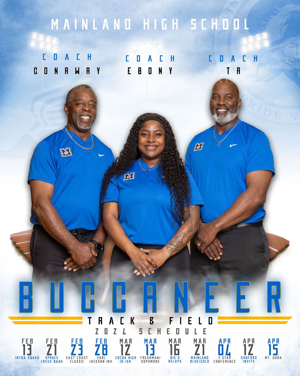 Three track coaches in matching blue polos pose together for professional team photo with achievement statistics below.
