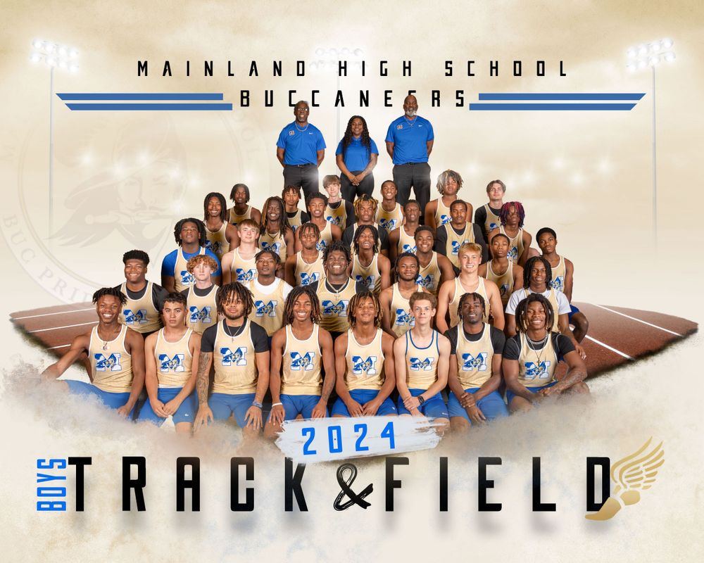 Track and field team members pose in formation wearing matching uniforms for official team photo.