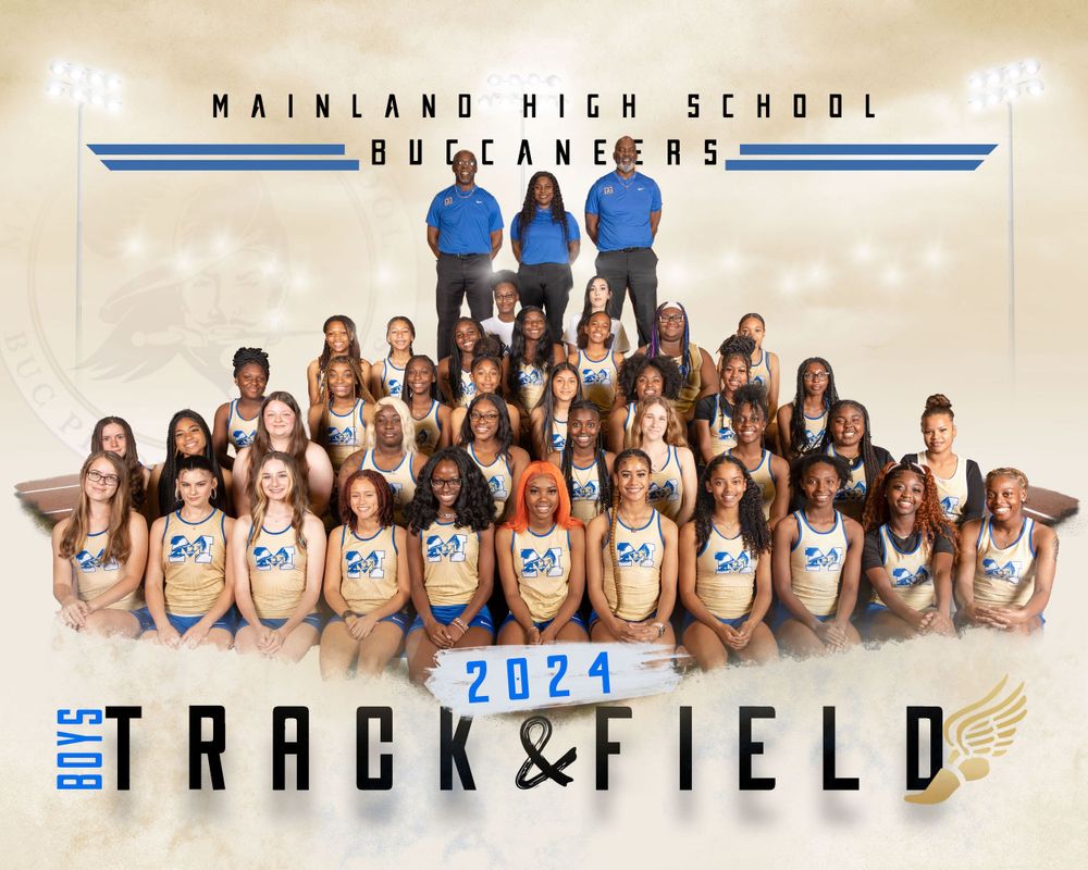 Large group photo of high school track and field team wearing blue and white uniforms with coaches in back row.