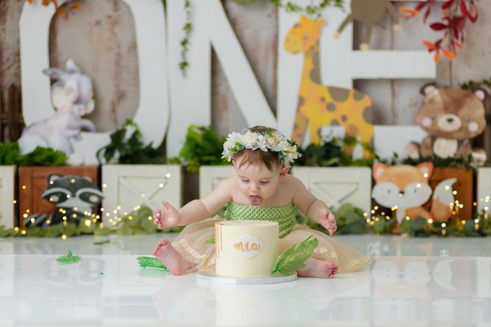 A cake smash photoshoot setup with woodland decorations, stuffed animals, and floral elements.