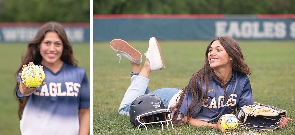 college senior girl portrait session on the OKWU softball field by Kristi Bray Photography