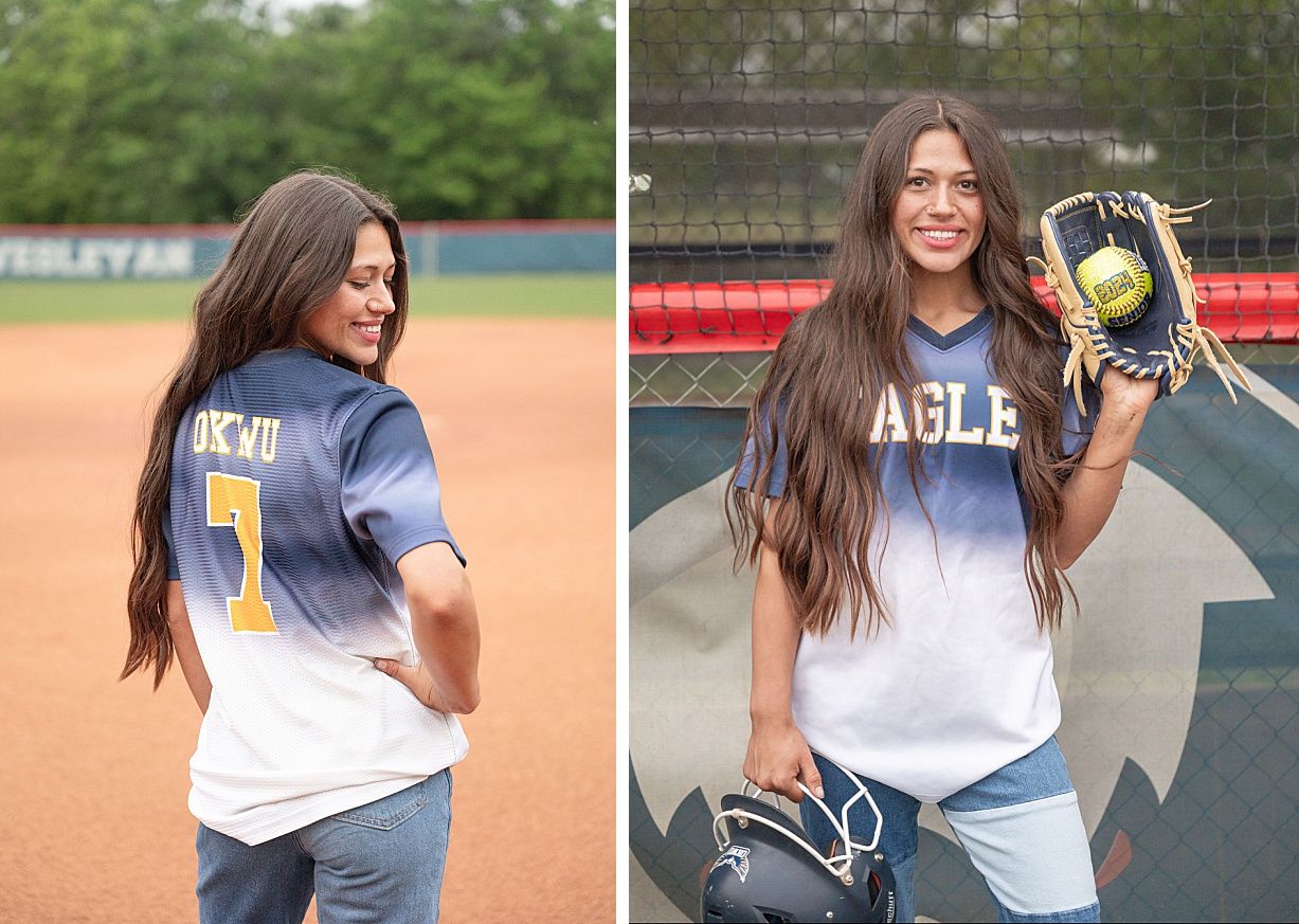 college senior girl portrait session on the OKWU softball field by Kristi Bray Photography