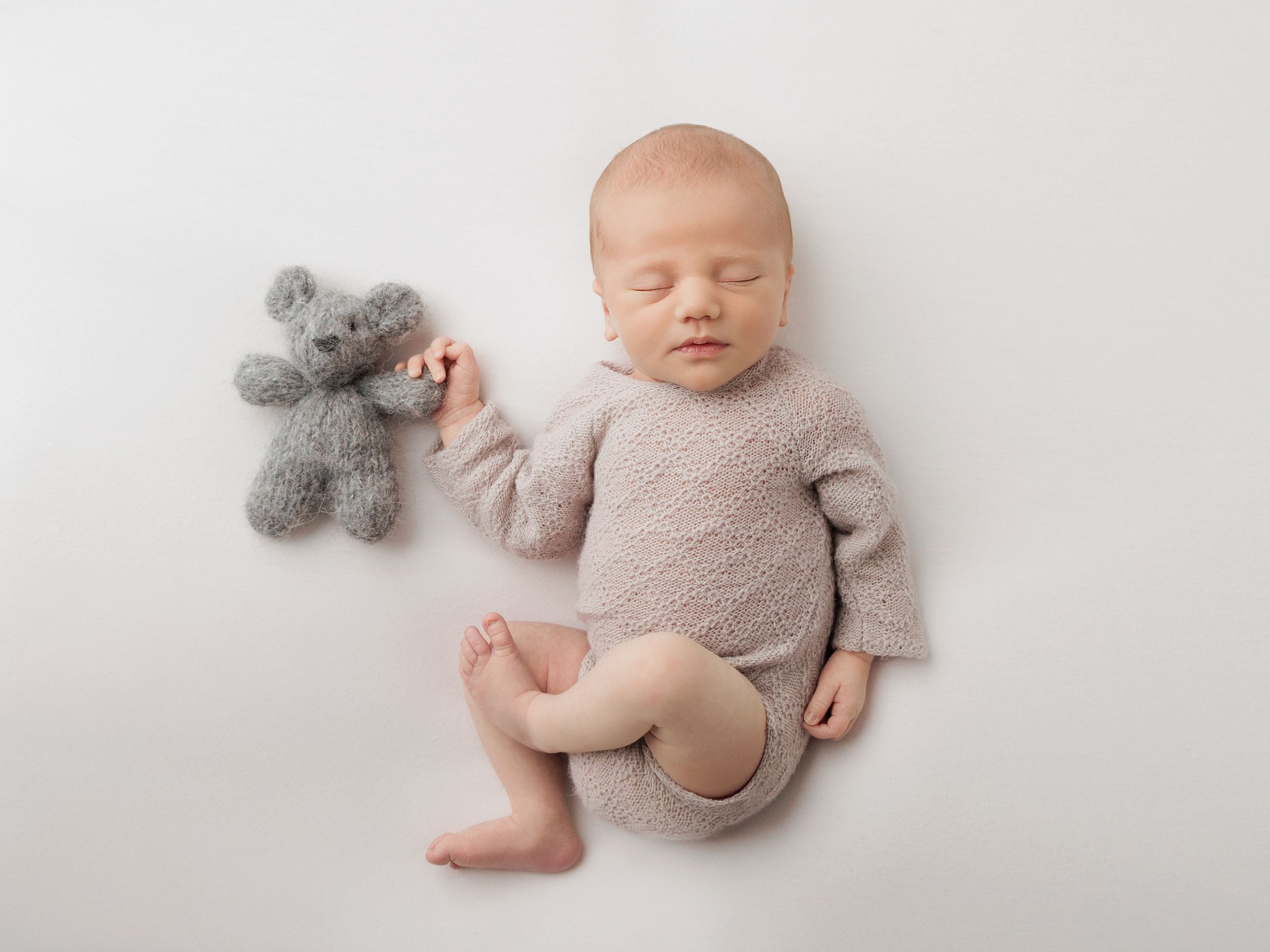 Sleeping newborn baby wrapped in soft pink swaddle lying next to plush gray elephant toy on white backdrop.