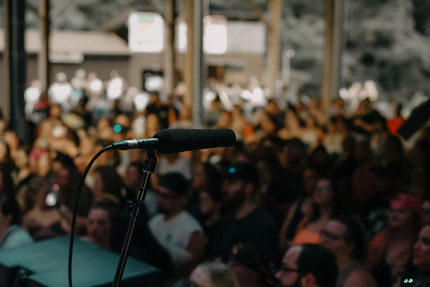 A crowd gathers in front of a stage microphone stand during a concert.