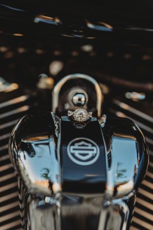 Close-up details of a black Harley-Davidson motorcycle tank and emblems.
