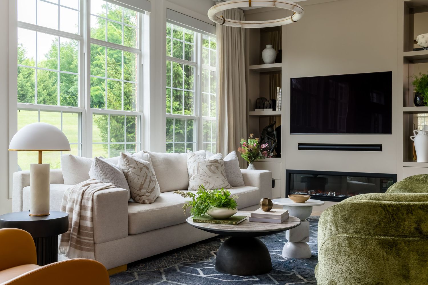 Stylish living room designed by Adina Hall in Chicago's North Shore Suburbs.