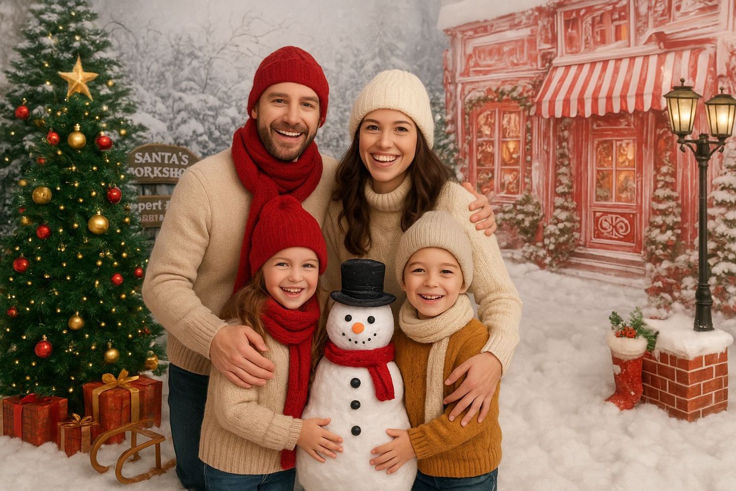 A family poses together in winter outfits against a snowy Christmas backdrop with a snowman.