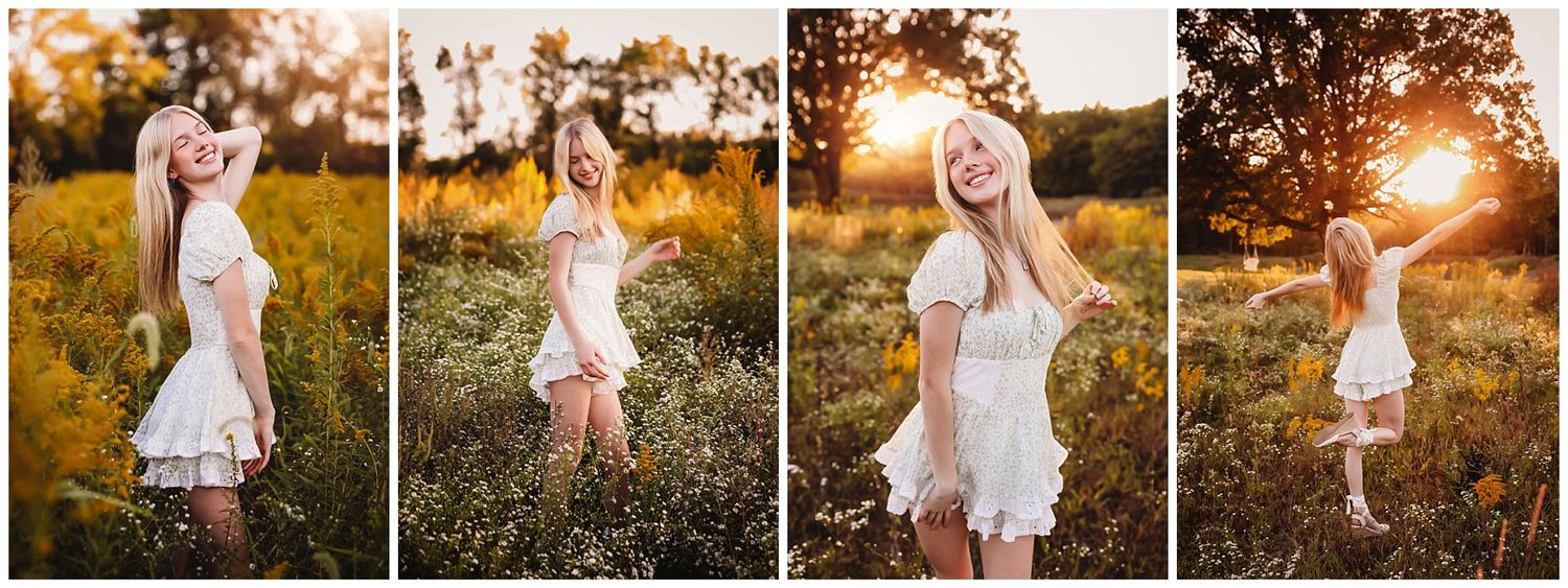 Series of sunset portraits in a field showing movement and white dress twirling.
Best child's photographer in Illinois