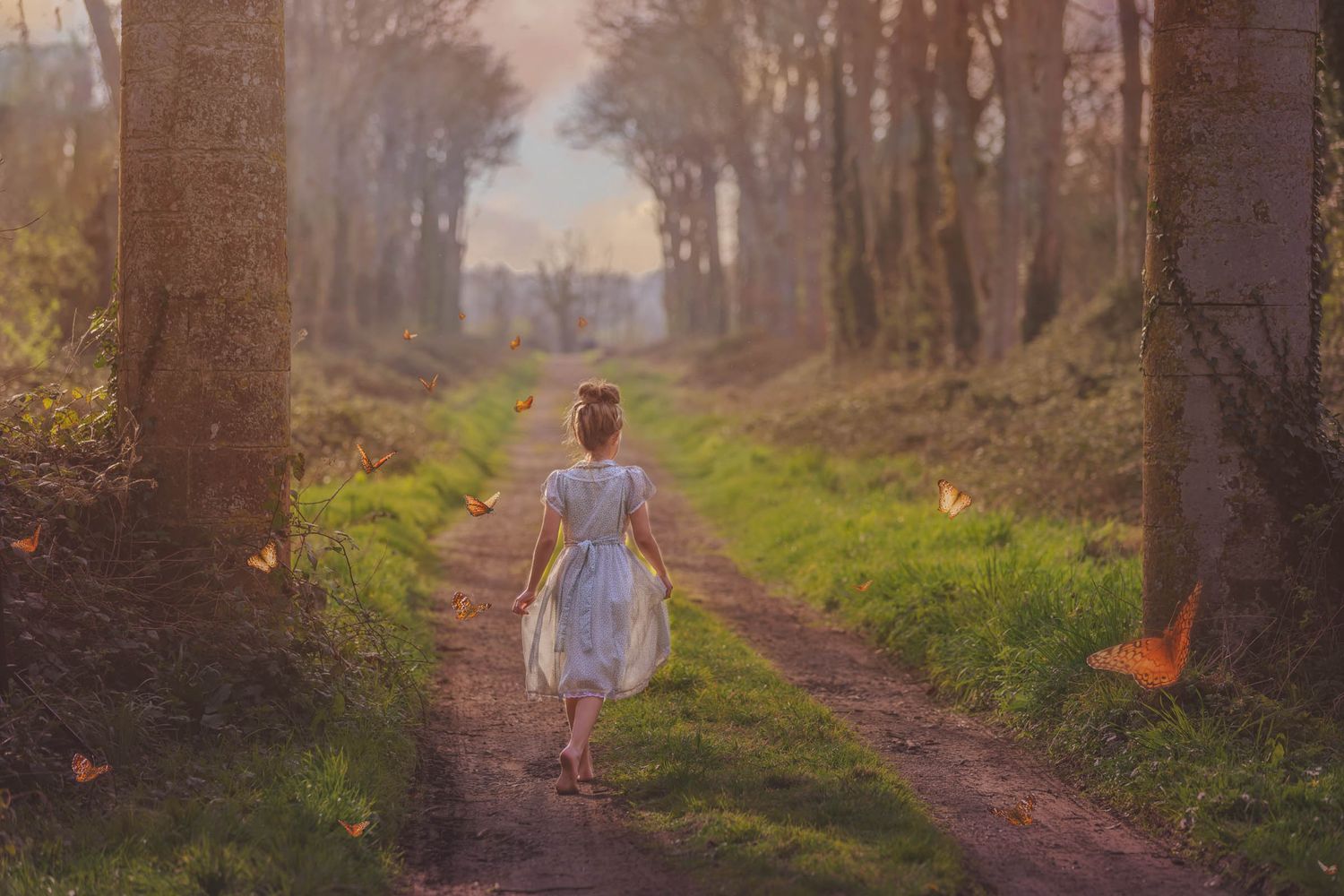 A fine art portrait of a dreamy forest scene with a light dress as someone walks down a misty tree-lined path.